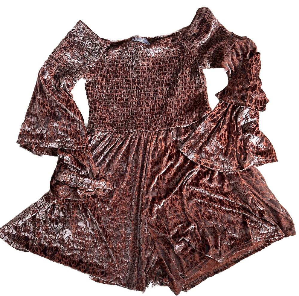 Manaola Kinolau Akolea Romper Womens S Brown Burnout Velvet Smocked Bell Sleeve
